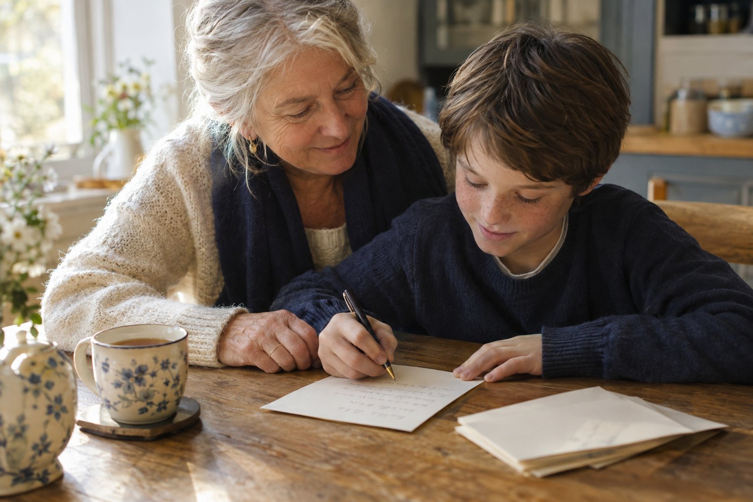 A grandmother and grandson writing a thank-you card