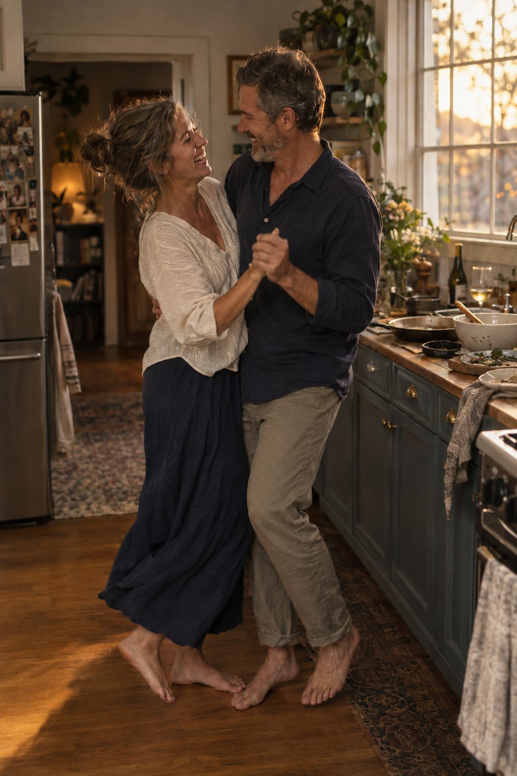 A couple dancing in their kitchen on an ordinary weeknight