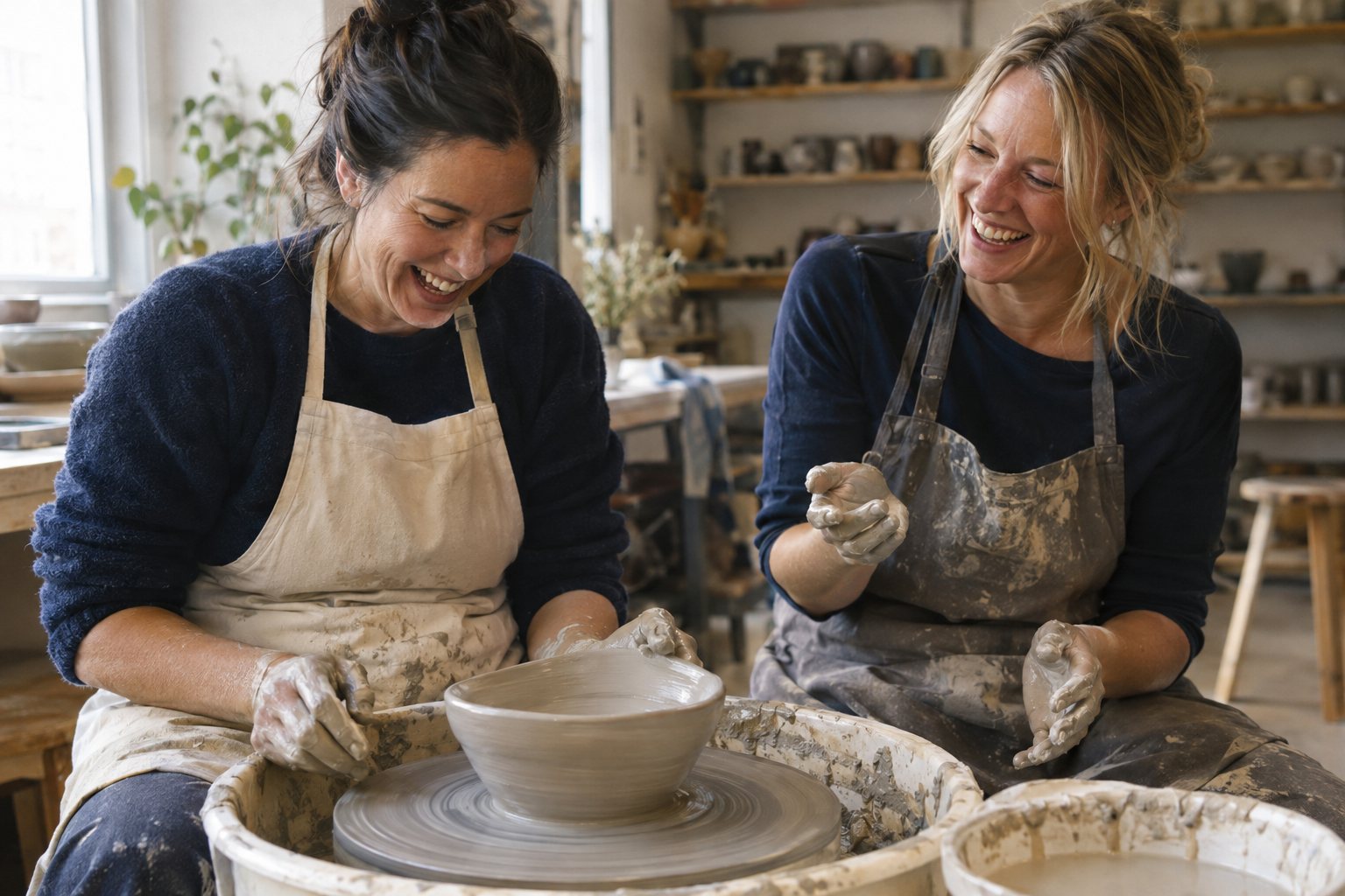 Two friends laughing at a pottery class